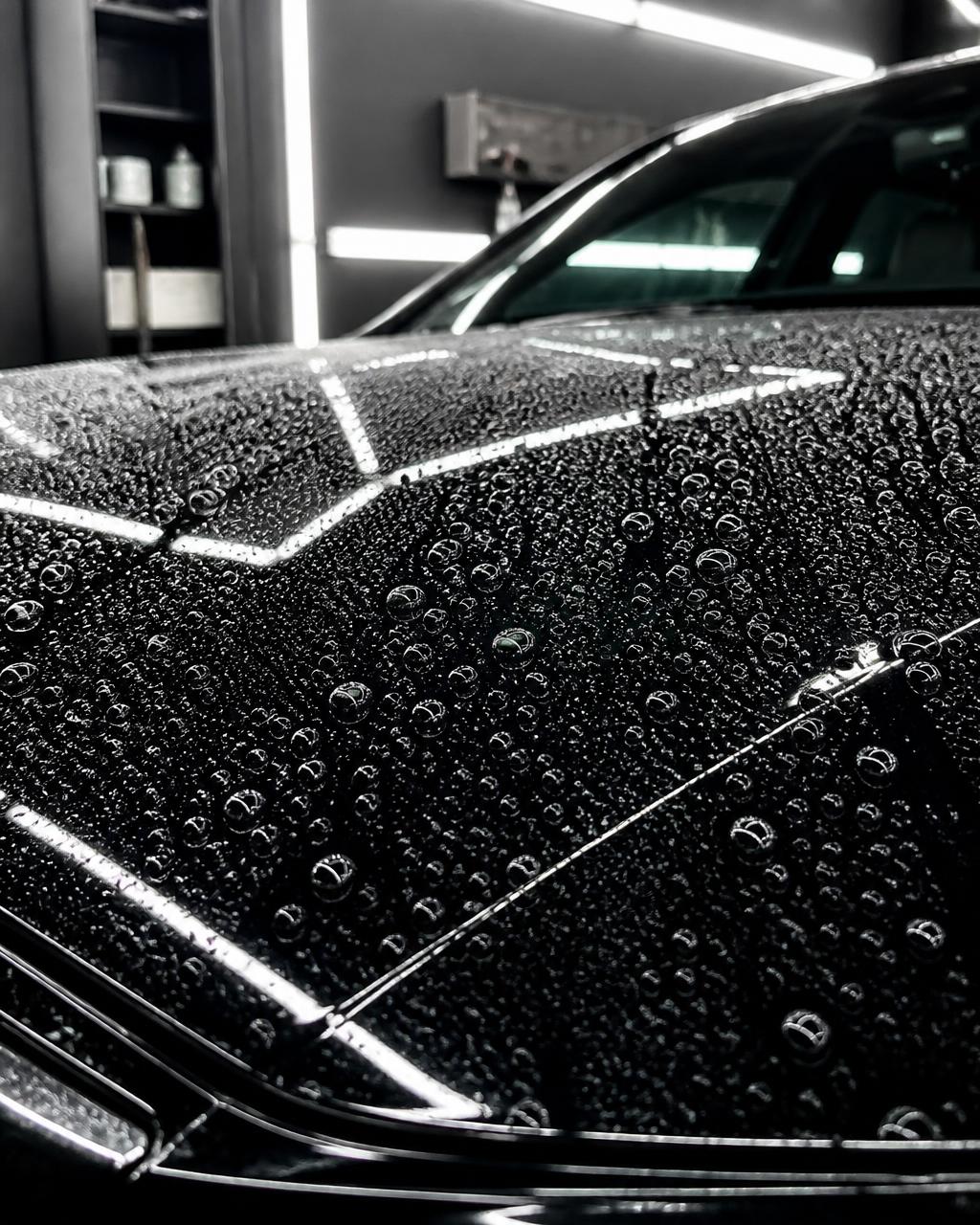 Close-up of a freshly detailed car with water beading on the glossy paint